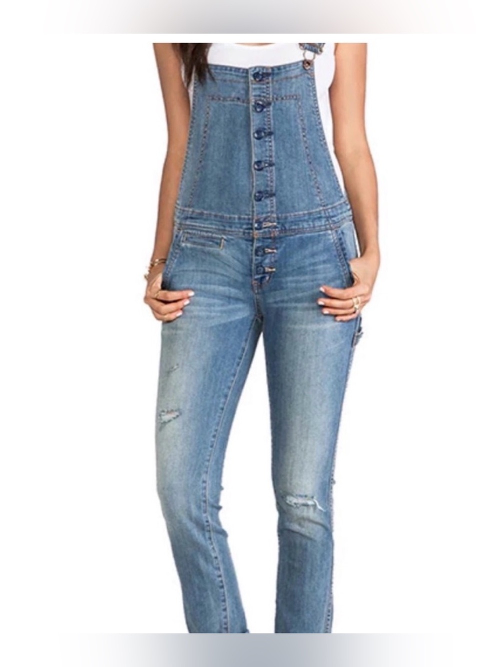 Free People Light Blue Button-Front Denim Overalls